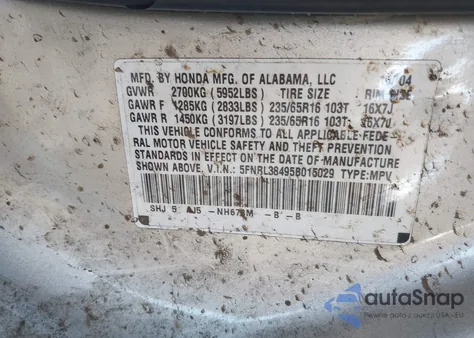 2005 Honda Odyssey Ex z USA, uszkodzony, nr VIN 5FNRL38495B015029